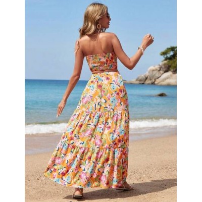 VCAY Women.s Vacation Floral Print Twisted Bandeau Top And Skirt Set - Choose Y