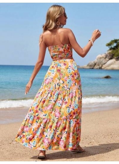 VCAY Women.s Vacation Floral Print Twisted Bandeau Top And Skirt Set - Choose Y