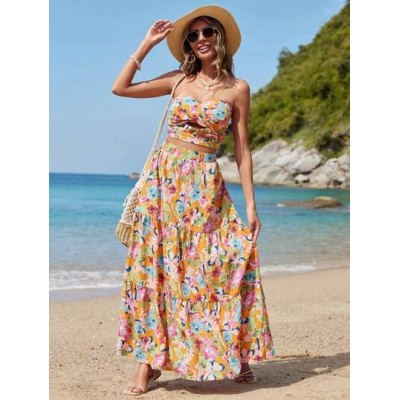 VCAY Women.s Vacation Floral Print Twisted Bandeau Top And Skirt Set - Choose Y