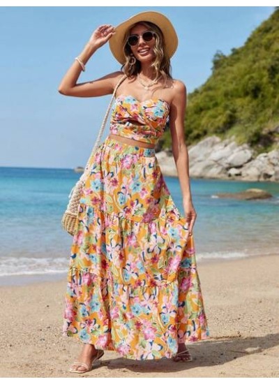 VCAY Women.s Vacation Floral Print Twisted Bandeau Top And Skirt Set - Choose Y