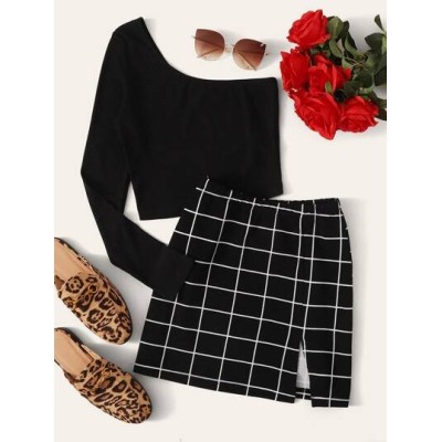 Essnce One-Shoulder Crop Top & Grid Mini Skirt Set - Choose Your Size