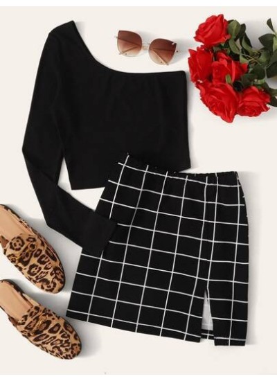 Essnce One-Shoulder Crop Top & Grid Mini Skirt Set - Choose Your Size