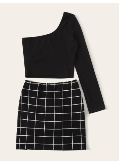 Essnce One-Shoulder Crop Top & Grid Mini Skirt Set - Choose Your Size