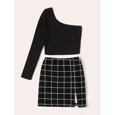 Essnce One-Shoulder Crop Top & Grid Mini Skirt Set - Choose Your Size