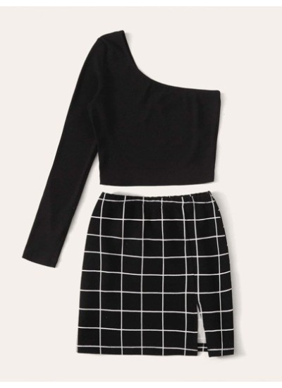 Essnce One-Shoulder Crop Top & Grid Mini Skirt Set - Choose Your Size