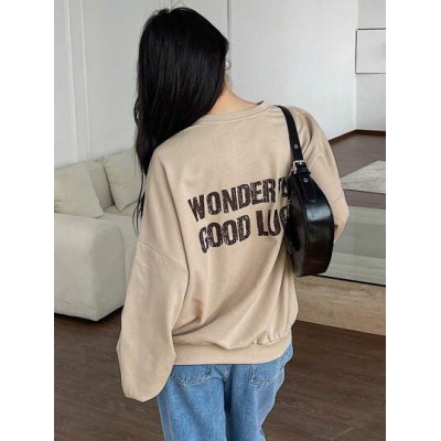 Women.s Letter Print Round Neck Drop Shoulder Long Sleeve Sweatshirt - Choose Y