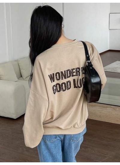 Women.s Letter Print Round Neck Drop Shoulder Long Sleeve Sweatshirt - Choose Y