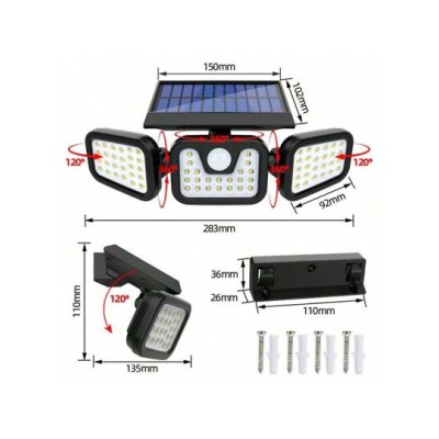 Solar Outdoor Lights With Motion Sensor, 3 Heads Security Lights Solar Powered,