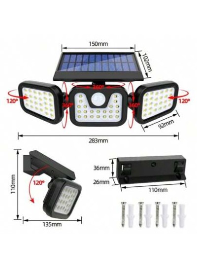 Solar Outdoor Lights With Motion Sensor, 3 Heads Security Lights Solar Powered,