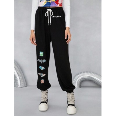 Casual Trendy Street Black Badge Hero Cartoon Pattern Printed Drawstring Waist