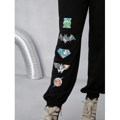 Casual Trendy Street Black Badge Hero Cartoon Pattern Printed Drawstring Waist